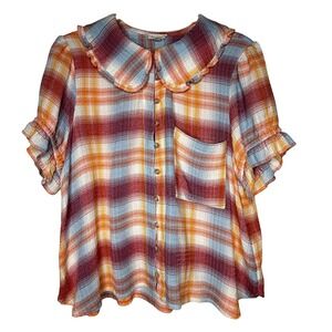 PILCRO Plaid Ruffle‎ Collar Short Sleeve Button Front Blouse Top LP